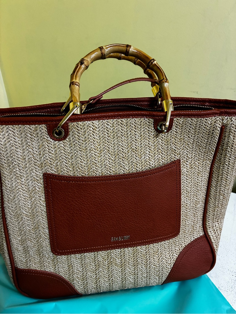 Sam & Libby Rust Brown and Natural Straw Tote with Bamboo Handle